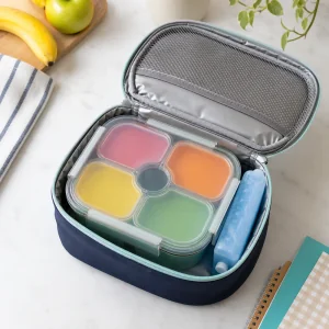 Closed bento box packed in an insulated lunch bag with an ice pack
