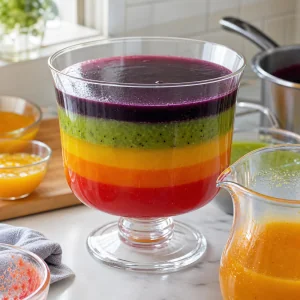 Przezroczysta misa z kolorowymi warstwami podczas dodawania puree.