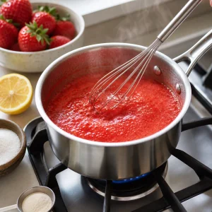 Puree truskawkowe z agarem i cukrem mieszane w rondelku.