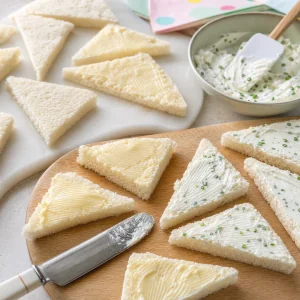 Bread triangles spread with butter and chive cream cheese