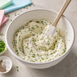 Chive cream cheese mixed smooth in a white bowl