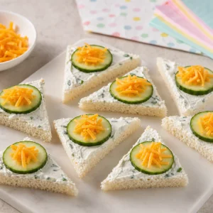 Cucumber slices and cheddar on cream cheese canape triangles