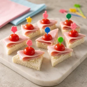 Ham and cherry tomato canapes with colorful mini picks