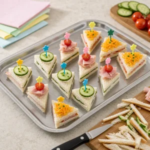 Neat bite-sized canapes lined up on a serving tray
