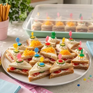 Rainbow mini sandwich canapes ready to serve with a covered tray nearby
