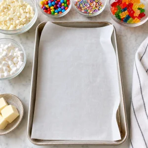 Papel manteiga forrando uma assadeira com ingredientes de doces arco-iris ao lado