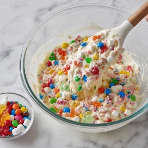 Doces arco-iris, confeitos, pedacos de goma e marshmallows misturados ao chocolate branco derretido