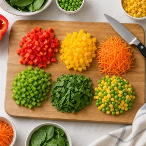Diced peppers, carrot, spinach, peas, and corn on a cutting board