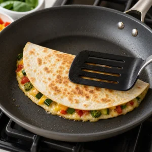 Folded veggie quesadilla browning in a skillet under a spatula