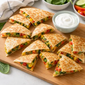 Small veggie quesadilla wedges served with plain yogurt dip