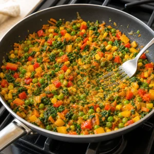 Soft rainbow vegetable filling with peas, corn, and wilted spinach