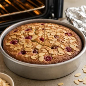 Baked raspberry almond cake in the pan