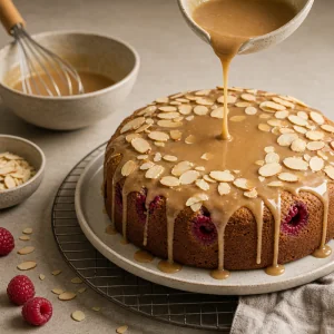 Brown butter glaze drizzled over almond cake