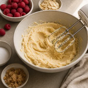 Butter and sugars creamed into a fluffy mixture