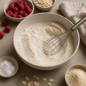 Dry cake ingredients whisked in a bowl