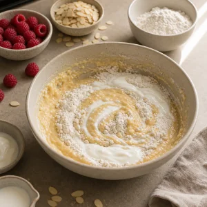 Flour and sour cream folded into cake batter