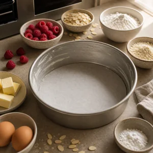 Prepared round cake pan lined with parchment