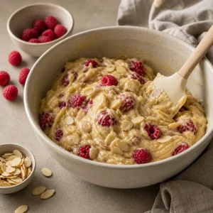 Raspberries and sliced almonds folded into batter