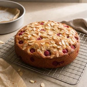 Raspberry almond cake cooling on a wire rack
