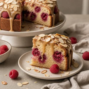 Served slice of raspberry almond cake with glaze
