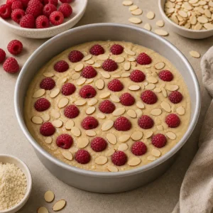 Unbaked cake batter topped with raspberries and almonds