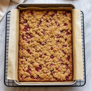 Baked tart slab cooling in the pan on a rack