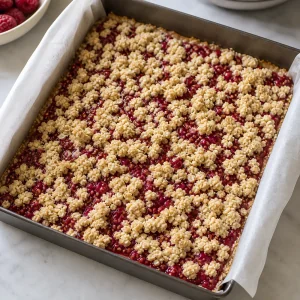 Raspberry filling spread over crust with crumble topping