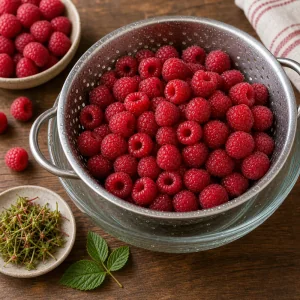 Framboises fraiches lavees dans une passoire
