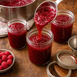 Confiture de framboises chaude versee dans des bocaux en verre