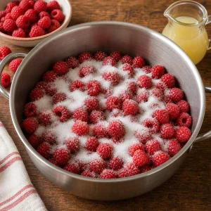 Framboises avec sucre et jus de citron dans une casserole