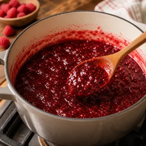 Preparation de confiture de framboises en ebullition dans une casserole