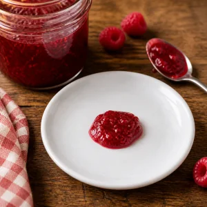 Cuilleree de confiture de framboises prise sur une assiette froide