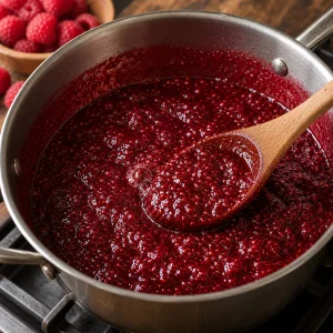 Confiture de framboises epaisse mijotant avec une cuillere en bois