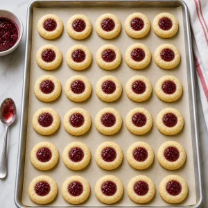 Biscuits empreinte à la framboise cuits en train de refroidir sur la plaque