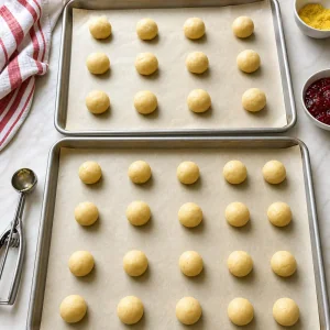 Boules de pâte espacées sur des plaques couvertes de papier cuisson