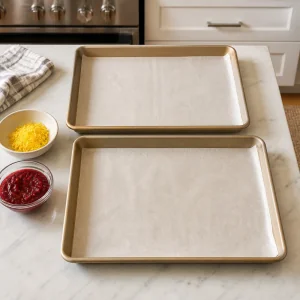 Plaques couvertes de papier cuisson prêtes pour la pâte