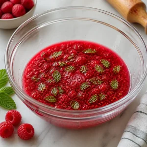 Crushed raspberry and mint mixture resting in a glass bowl