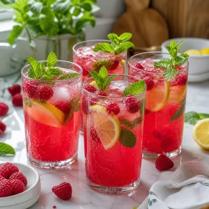 Finished raspberry mint drinks with ice, lemon slices, and mint