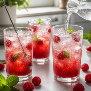 Sparkling water being poured into raspberry drinks over ice
