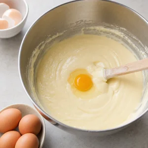 An egg added to cheesecake batter in a mixing bowl