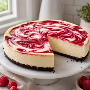 Finished raspberry swirl cheesecake with a chocolate cookie crust
