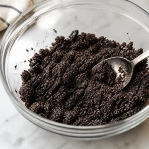 Moistened chocolate cookie crumbs in a mixing bowl
