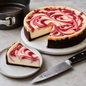 Sliced chilled raspberry swirl cheesecake with chocolate crust