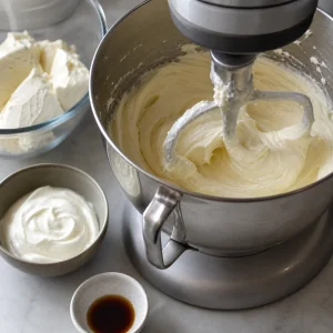 Smooth cream cheese batter in a mixer bowl
