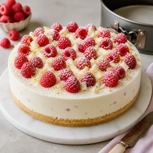 Chilled raspberry white chocolate mousse cake released from the pan with chocolate shavings and powdered sugar