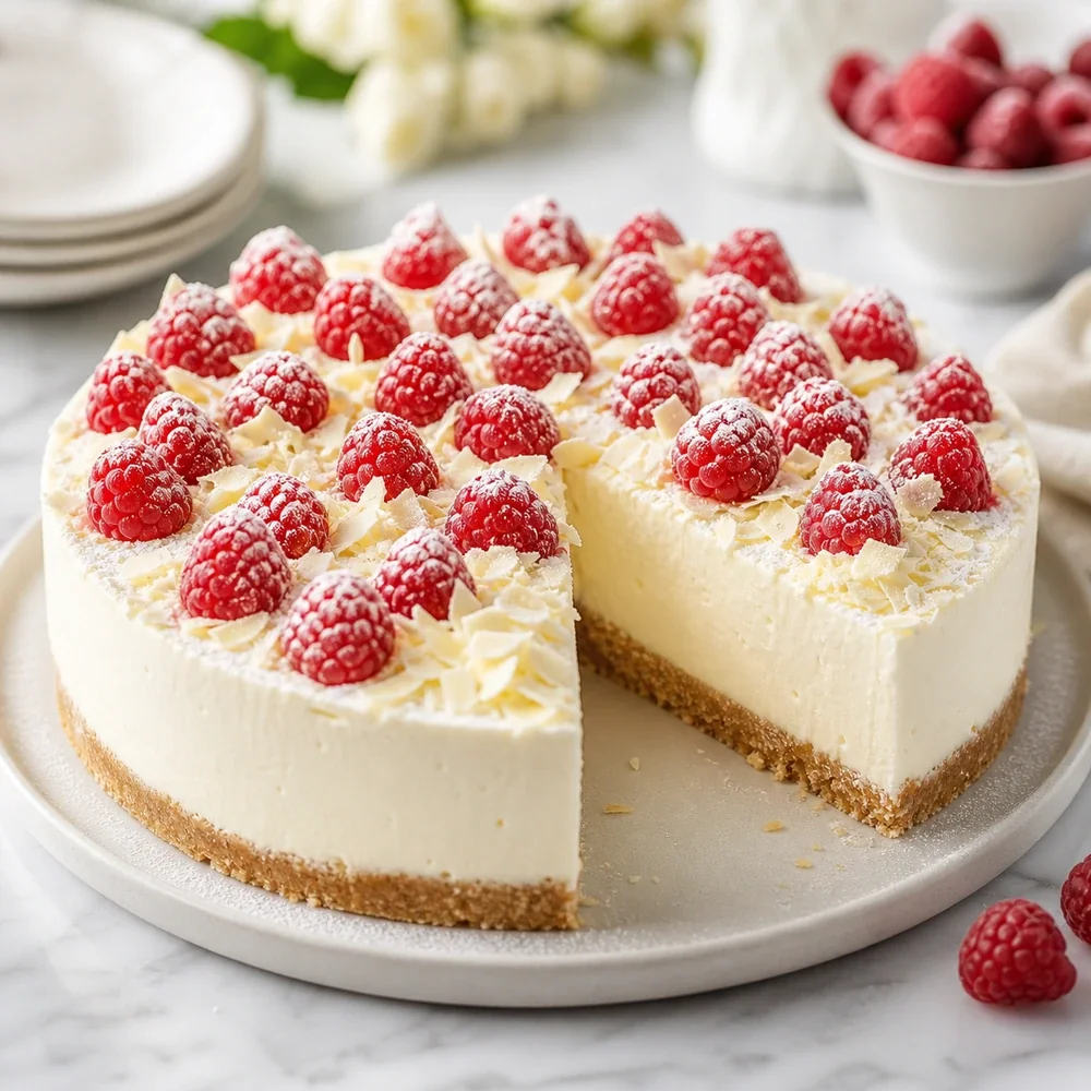 Finished raspberry white chocolate mousse cake with shortbread crust, fresh raspberries, white chocolate shavings, and powdered sugar.