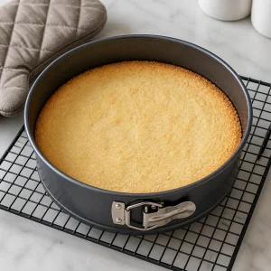 Lightly golden shortbread crust cooling in a springform pan on a wire rack