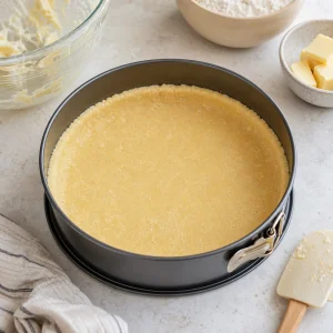 Shortbread dough pressed evenly into a springform pan for the cake crust