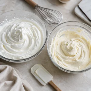 White chocolate mascarpone mixture gently folded with whipped cream until fluffy