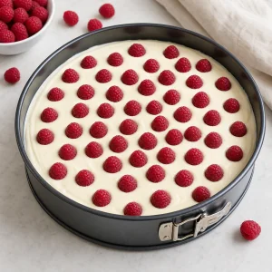 White chocolate mousse spread over the cooled crust with fresh raspberries pressed on top